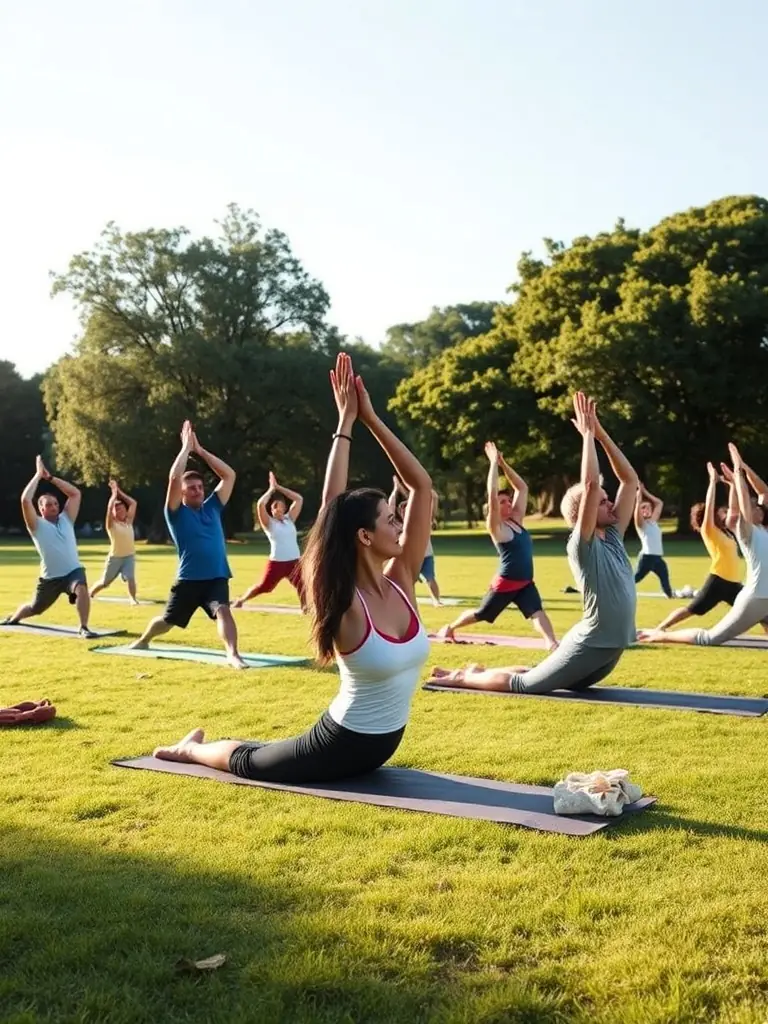 A diverse group of people participating in a gentle yoga class, showcasing increased flexibility and community engagement at YOGA ARC EN CIEL DE L'AUBOIS.