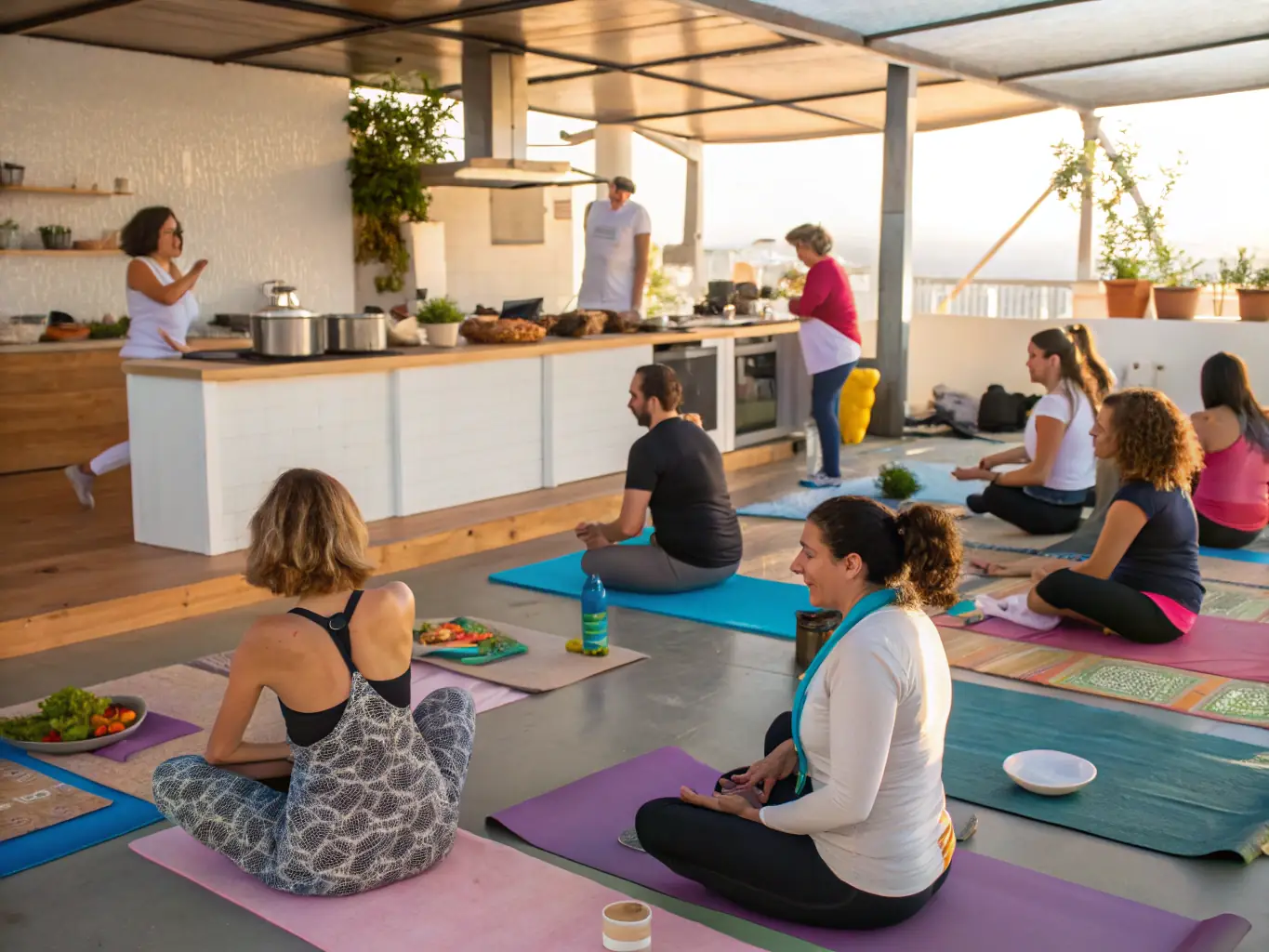 A group of smiling people socializing after a yoga class, highlighting the sense of community and social connection.