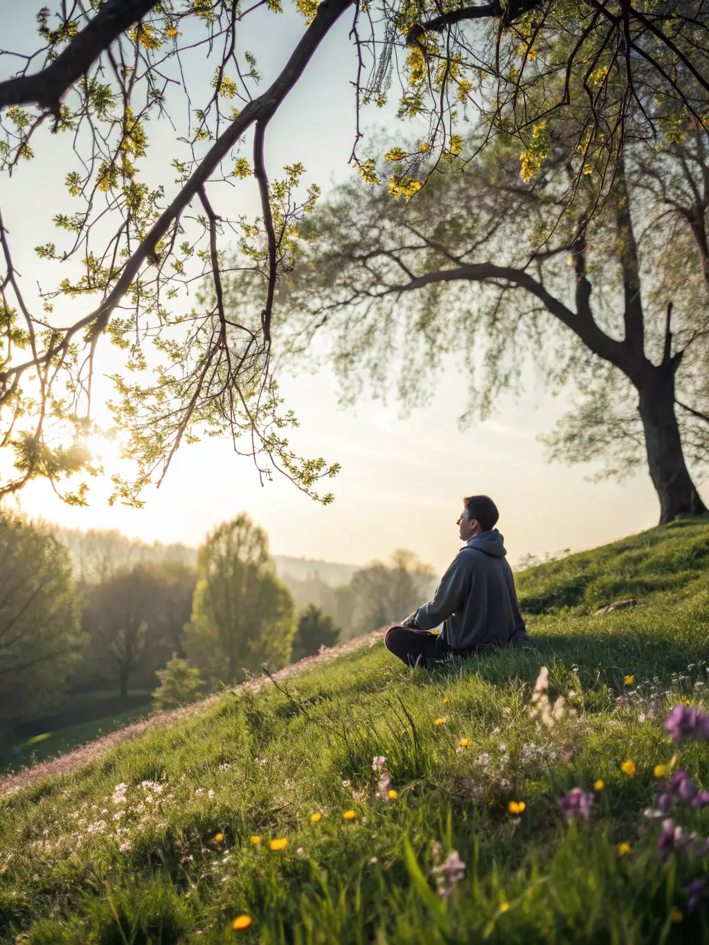 A serene image of a person meditating outdoors, surrounded by nature, representing stress reduction through yoga at YOGA ARC EN CIEL DE L'AUBOIS.