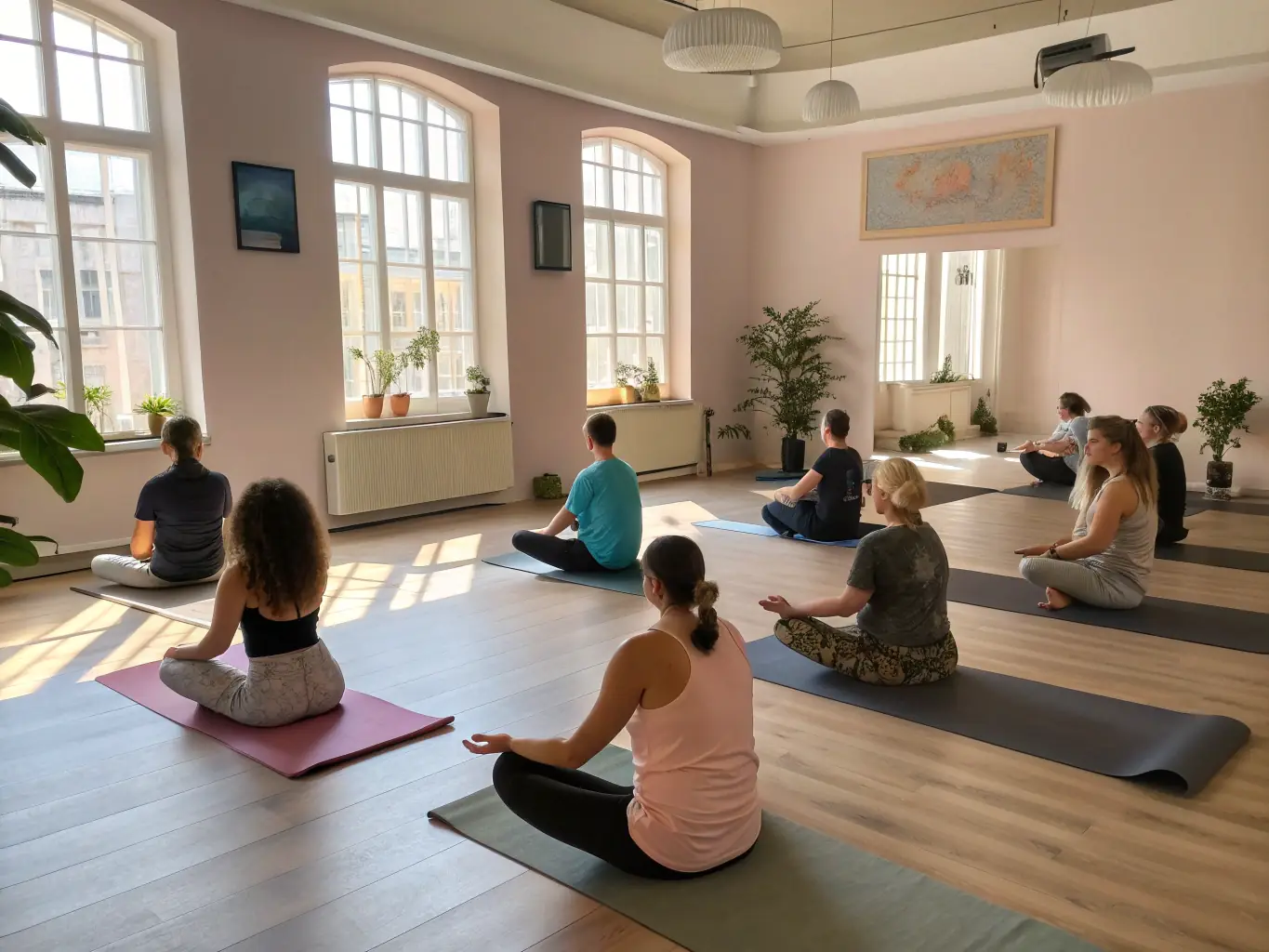 A group of diverse individuals participating in a gentle yoga class in a sunlit studio, focusing on breathing exercises and mindful movement, promoting relaxation and stress reduction.