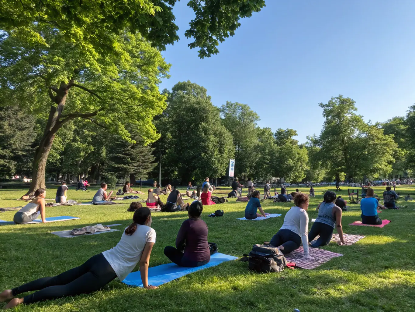 A diverse group of people participating in a yoga class outdoors in a park, with a focus on community and connection with nature.