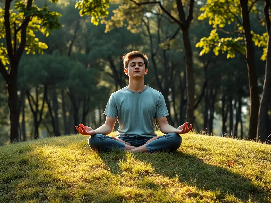 A serene image of a person meditating outdoors in a natural setting, emphasizing mindfulness and inner peace, reflecting the benefits of our meditation and mindfulness workshops.