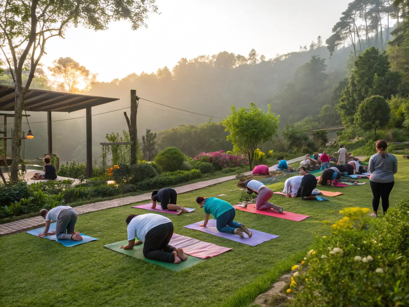 A serene image of a group of people practicing yoga outdoors in a park, with the morning sun casting a warm glow. The focus is on the harmony between nature and the practice of yoga, emphasizing the peace and tranquility it brings.
